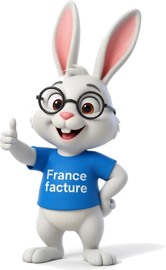 Mascotte France Factures, un lapin à lunettes en t-shirt bleu