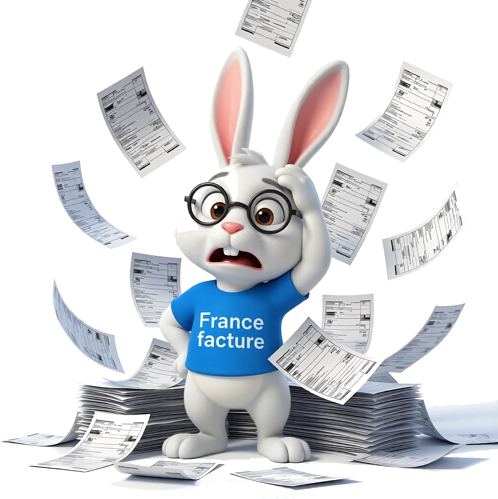 Lapin France Factures débordé par une pile de factures papier