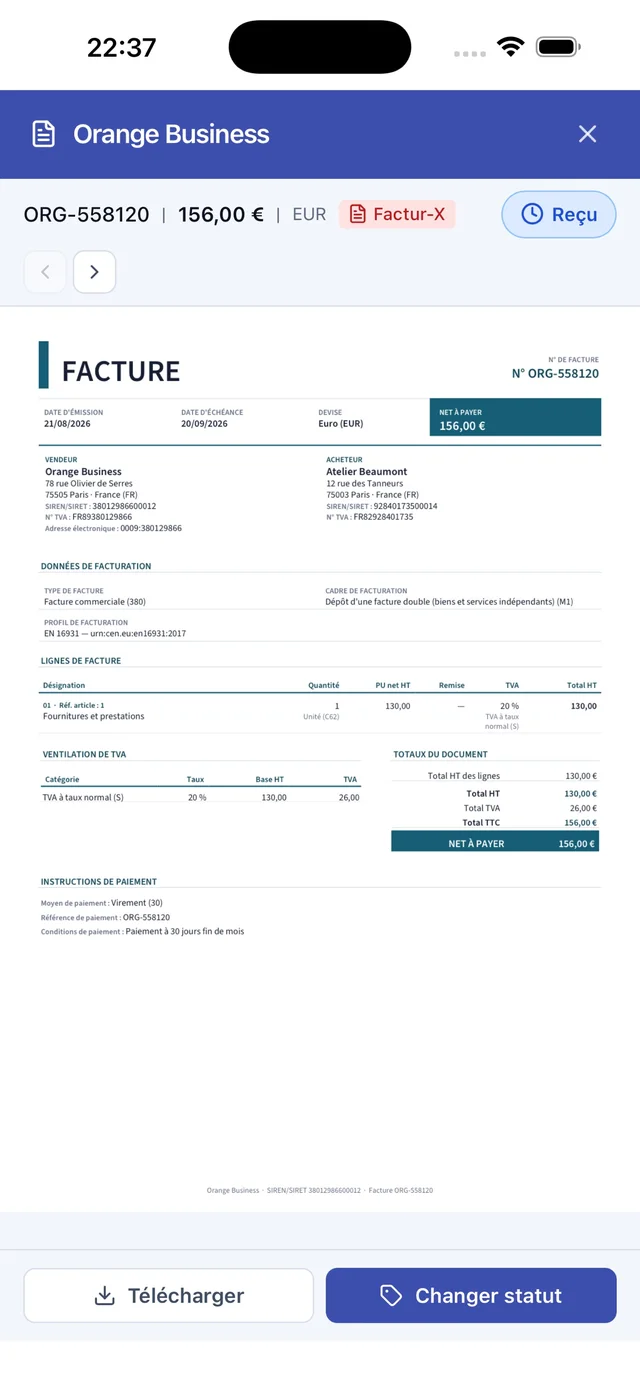 Écran de détail d'une facture Orange Business dans l'application mobile France Factures, avec téléchargement et changement de statut