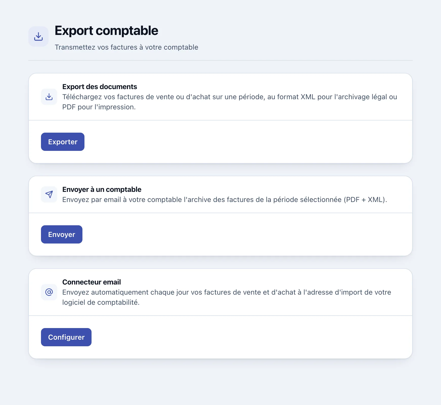 Export comptable France Factures : envoi de l'archive des factures (PDF et XML) à votre comptable par e-mail ou connecteur