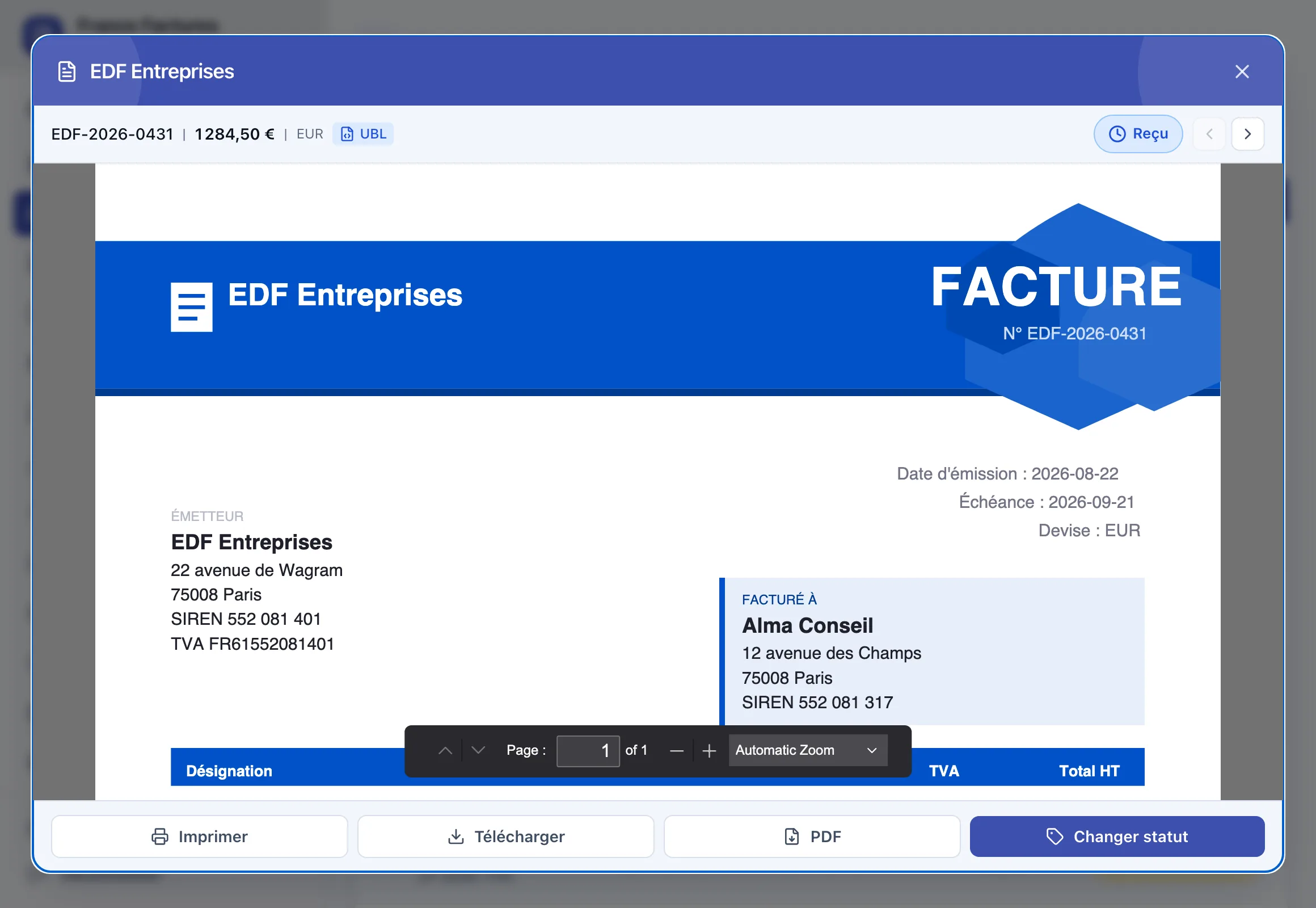 Détail d'une facture électronique reçue (EDF Entreprises, format UBL) visualisée en PDF dans France Factures