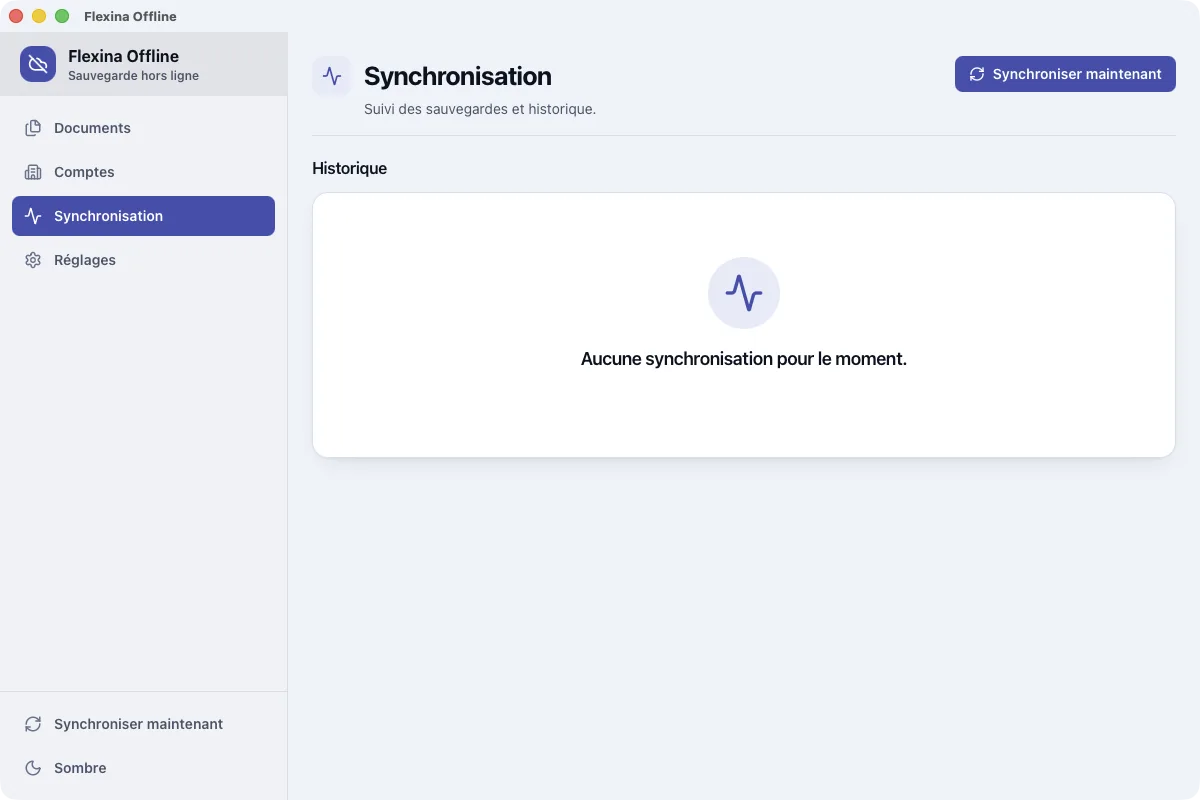 Flexina Offline : page de synchronisation de vos factures sur votre ordinateur