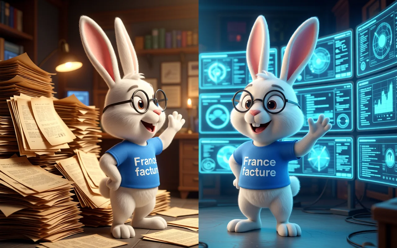 Mascotte lapin France Factures illustrant : Facture dématérialisée vs facture électronique : la différence que tout le monde confond